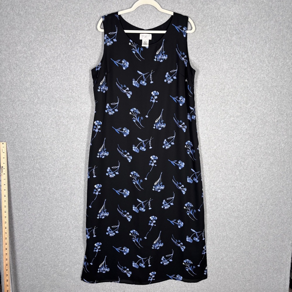 Vintage 90s Floral Maxi Dress Large‎ Black Blue Country Farmhouse Chiffon Slit